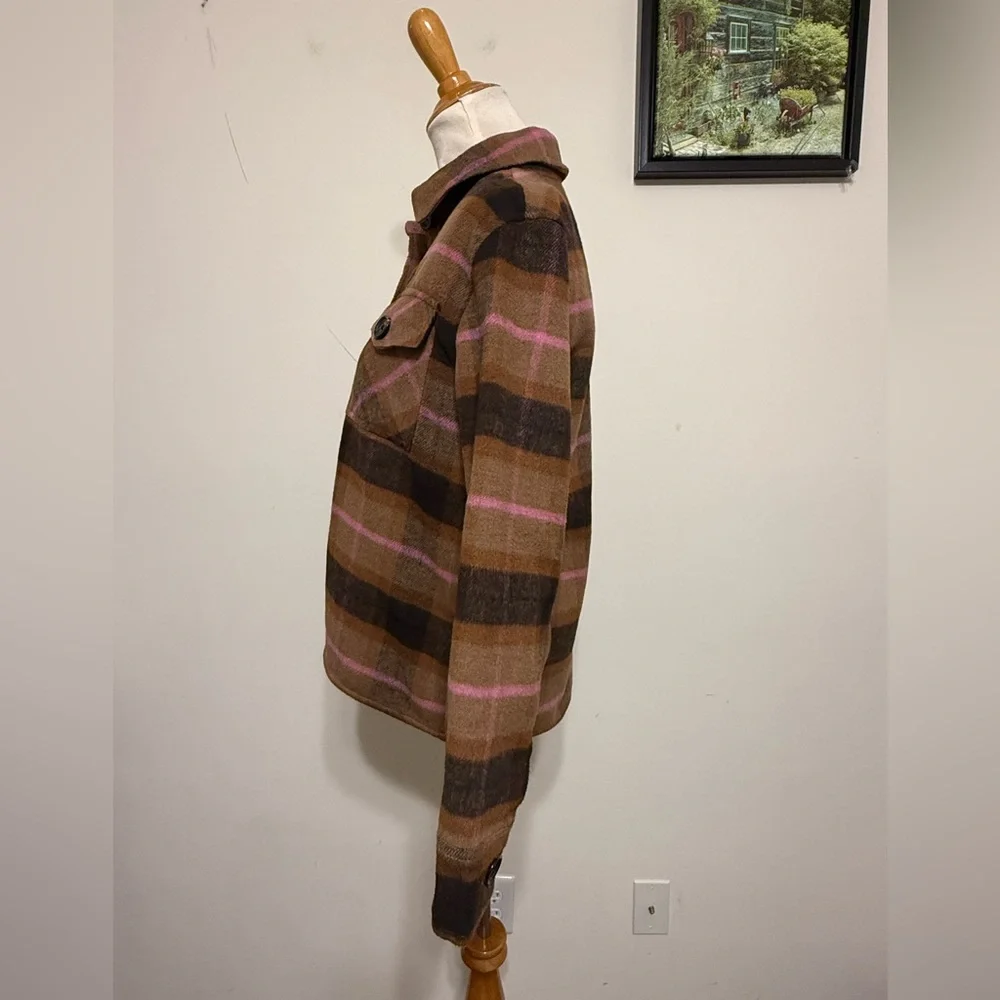 BB Dakota Plaid Jacket Boxy Shacket by Steve Madden Brown Pockets Women’s Size S